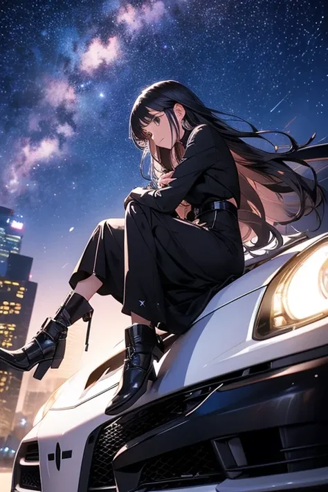 null, star, landscape,starnull, night, Beauty,Lady, nightnull, Alone, Outdoor, milky way, Long Hair, A woman sitting on a car body,Around town