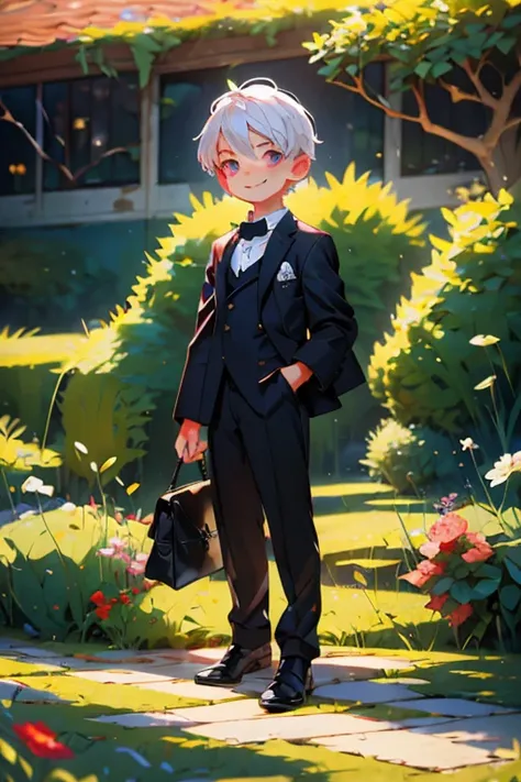 Perfect face. Perfect hands. A young white haired boy with red eyes in a Gothic suit is smiling while drinking tea in a pristine garden