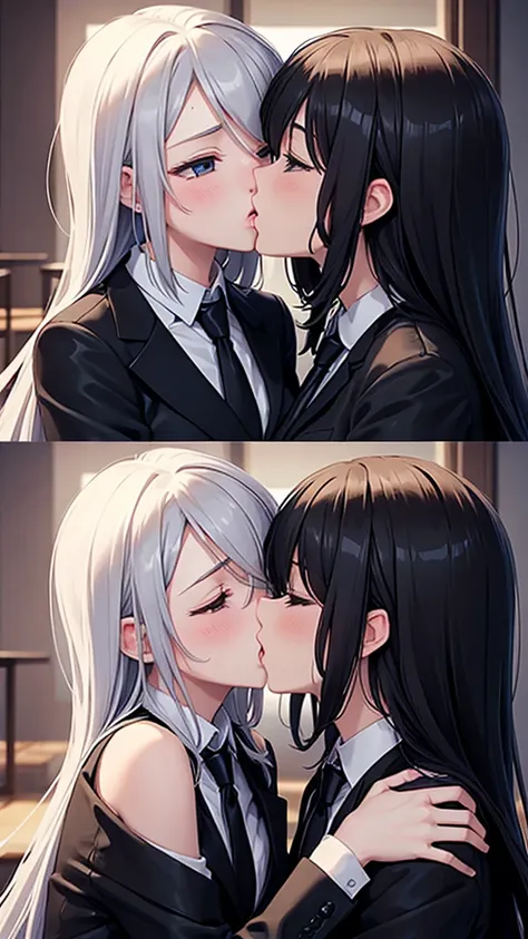 Two sexy lesbians deep kissing in black finest striped suits　tie