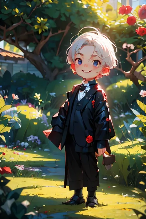 Perfect face. Perfect hands. A young white haired boy with red eyes in a Gothic suit is smiling while drinking tea in a pristine garden