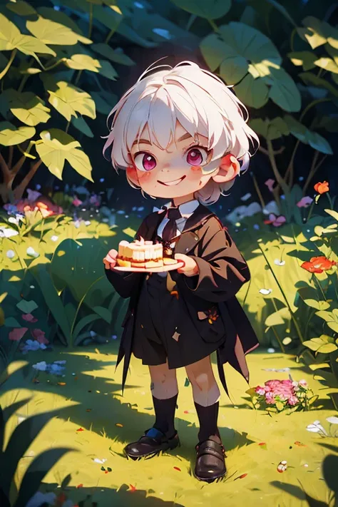 Perfect face. Perfect hands. A young white haired boy with red eyes in a Gothic suit is smiling while eating cake in a pristine garden