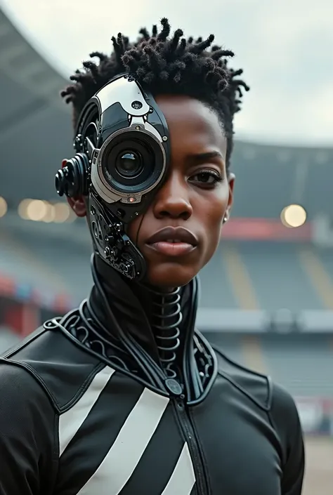 Create an image of a cyborg young man, Afro-Portuguese descent cyborg man, part of your face will be a machine, man looking to camera, hyperrealistic, intricate cyberpunk robot, art by moon crypto wow and popular science, in İstanbul, Besiktas, Besiktas St...