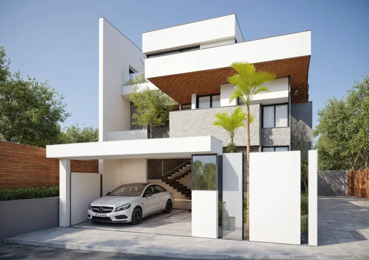 townhouse, (modern style:1.2), exterior design, perspective view, (white wall:1.3), (block sidewalks and asphalt roads), (fronta...