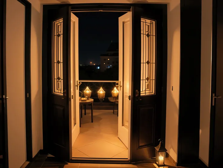  open door from the room, night on the terrace , art ,background, location