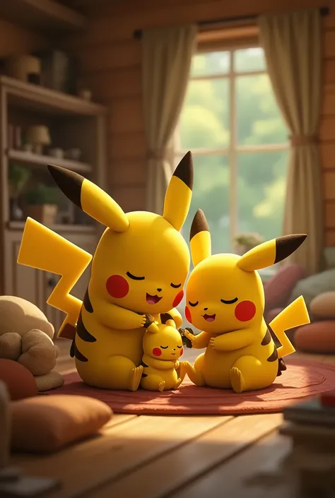 A Pikachu family playing in a cabin, Daddy Pikachu is making a baby Pikachu sleep, All Pikachu have an electric tail , better depth of field,  Awarded multiple times 