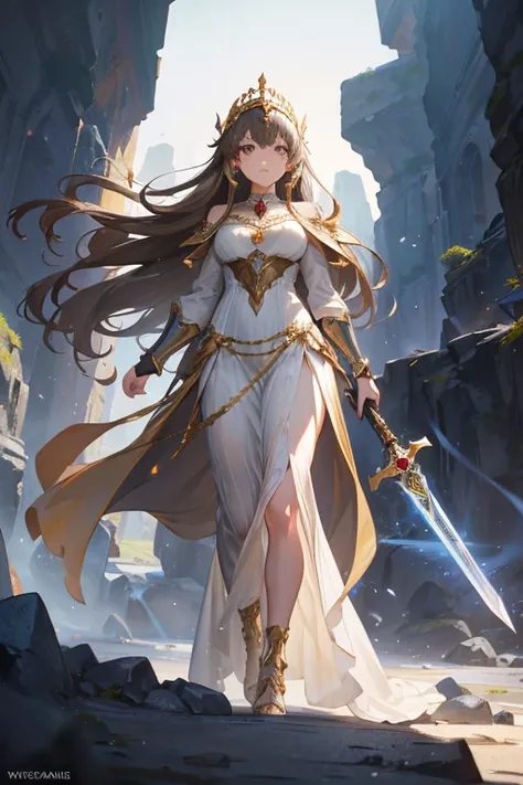 woman, Young, beautiful,  long light brown hair with fringe , gray eyes, wearing medieval armor complete with helmet over a white dress, shining golden sword,  serious expression,  deep inside a rock ravine . drawing style. Full body shot. masterpiece, Cry...