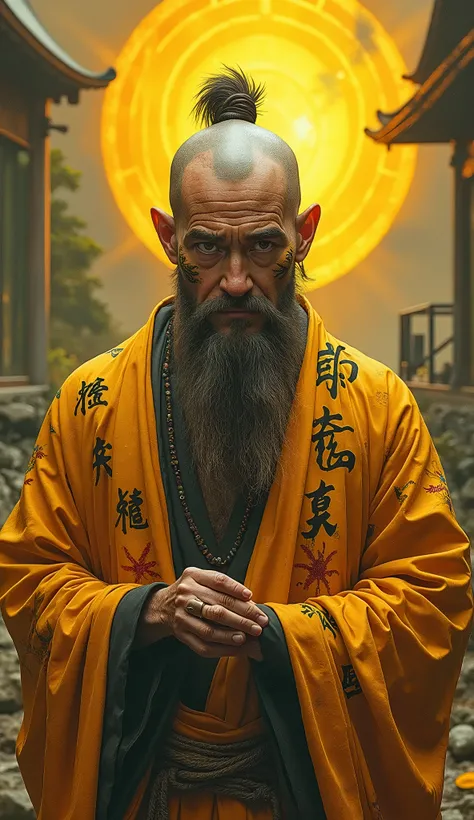 elaborate portrait of a monk by Laurey Greasley and Takeshi Obata, desire to achieve enlightenment, nirvana, yellow, orange, cyberpunk, detailed, realistic, 8k uhd, high quality, chinese characters, body writing, face painting,