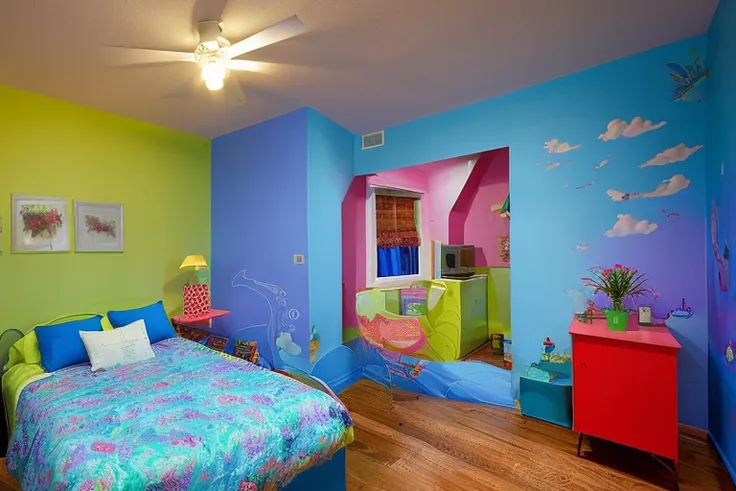 interior, bedroom, bizzare, surreal, colorful, whimsical