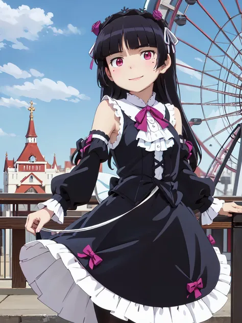 amusement park, Kuroneko, Long Hair, hime cut,  Black Hair , One Girl, mole, mole under eye,  Gothic Lolita, lolita fashion, White costume,  sleeveless, Ferris Wheel, blue sky, smile, The wind blows