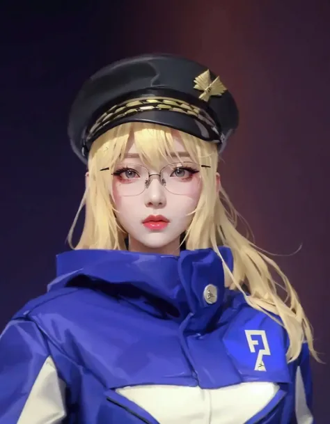 blond woman with glasses and a blue jacket and hat, kda, from girls frontline, fine details. girls frontline, inspired by Leng Mei, e-girl, e - girl, portrait of jossi of blackpink, girls frontline style, sigma female, as a character in tekken, girls front...