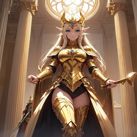 Masterpiece, HD, high resolution, high quality, best quality. Epic high fantasy genre, fantasy artwork.
{{(An Elf queen of 1.000-years-old mature adult milf:(beautiful face. sexy feminine and sexy features. beautiful light-blue eyes. golden long hair. gold...