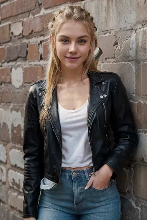  girl, green eyes, white skin, thin,  guitar-shaped body , blonde hair tied ,  wearing jeans and a black leather jacket,  leaning against a brick wall on the street ,  looking at the camera , smiling, high quality, realistic,  without defects on the hands ...