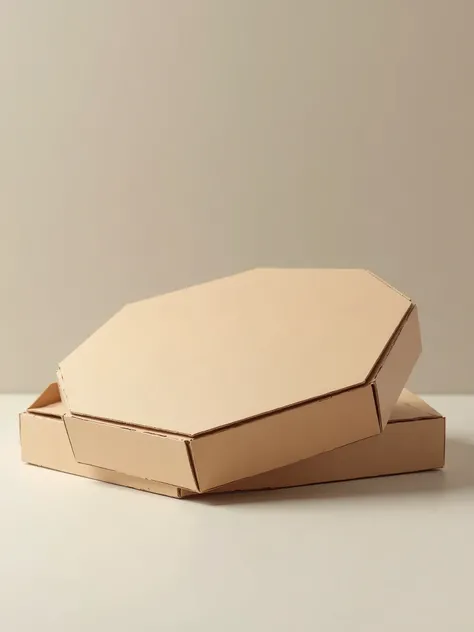 An octagonal pizza box mockup, made from eco-friendly cardboard material, with detailed textures that show the natural grain of the cardboard. The box is closed and placed on a simple, neutral background. The top of the box should have a customizable area ...