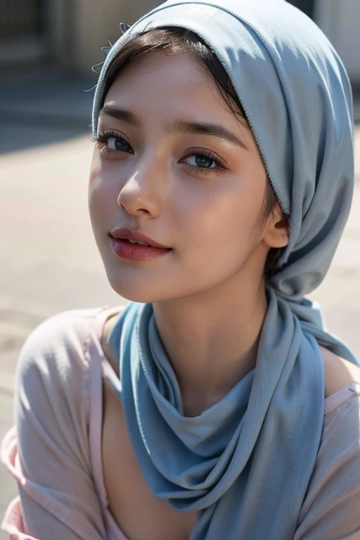 Realistic photo, wearing no dress and blue short hijab, look from side, hyperrealistic, masterpiece, sweet expresion, horny smile, melancholy , closeup photo, bright eyes, half closed eyes sleepy eyes, sexy lips, detailed makeup, detailed eyes cornea, wear...