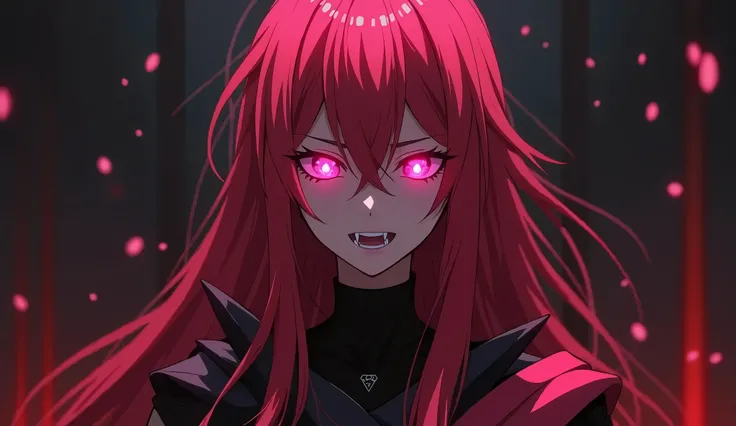 Good quality 4k ,a character with long red hair with bangs and pink glowing eyes, black and pink clothes, serious epic anime, fangs, 2D, black and red hue background