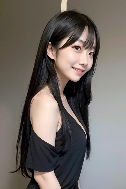 japanese girl, long black hair, large hanging eyes, smiling, loff the shoulder top, full body, plain background, high quality