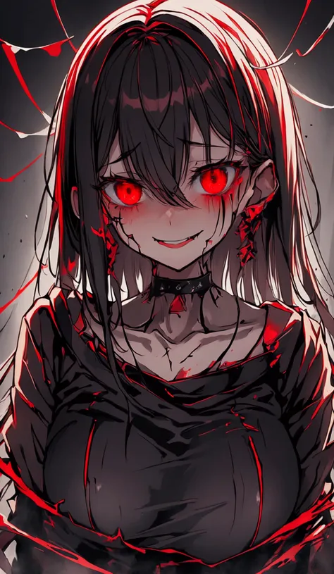 scared, parallel, tattered cloth, dark, fog深い, fog, one girl, expensive, spooky, horror, wide spooky smile, red glowing eyes, po...