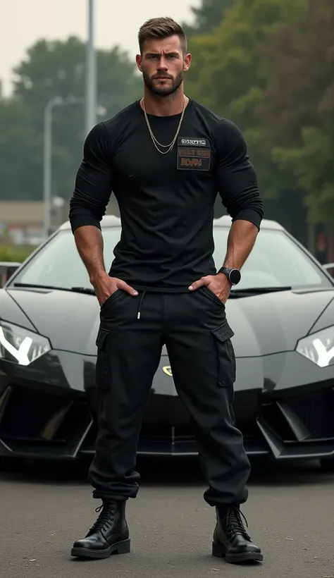  A very muscular young alpha male with a military short haircut,  that looks like Chris Hemsworth ,  poses in front of an expensive sports car and tightens his muscles , Wears a black longsleeve shirt , army identification tag, Jogginghose, black combat bo...