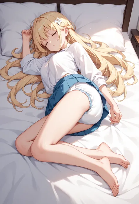 Beautiful long blonde　White shirt　bottomless　diaper　 sleeping in bed 　barefoot　Open your legs