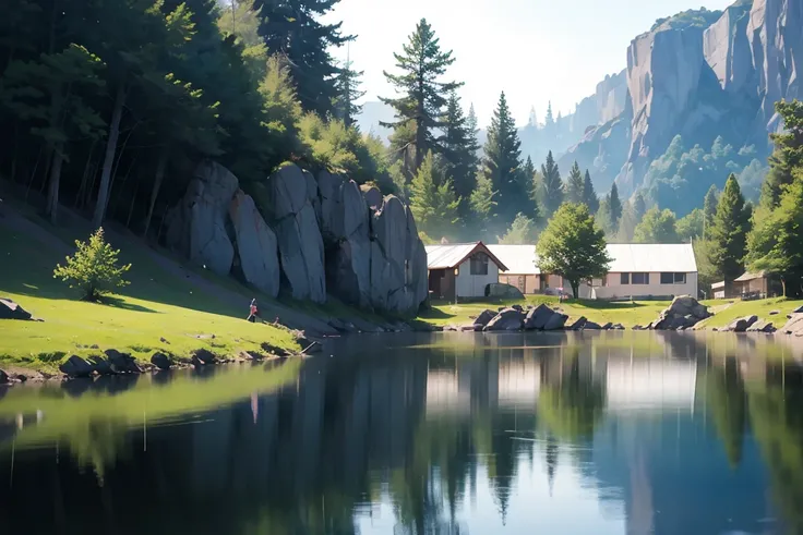 Photos that capture the essence of a magical dream world. camp,Solo Tent,A magnificent and legendary cliff jutting out over a beautiful lake, Surreal and vibrant colors illuminate the reflection.. The atmosphere is otherworldly, The soft evening light cast...