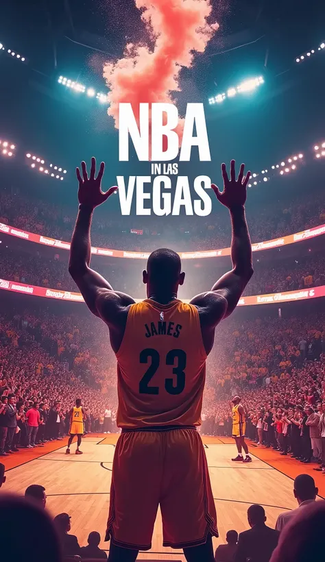 A realistic thumbnail showing LeBron James in the middle of his iconic chalk toss with a roaring crowd behind him inside T-Mobile Arena. Add a split-screen featuring Draymond Green in action on the court. Use bold, eye-catching text like "NBA in LAS VEGAS"...