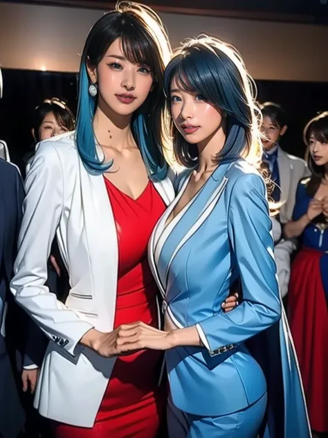 Long thin legs, A woman with sky blue hair is posing, Tight light blue suit, Dress neatly, Elegant legs, Wearing white high heels，girl, so beautiful, Long slim legs, Close-up portrait of a woman in a blue suit and red cape, , As a Tekken character, Fightin...