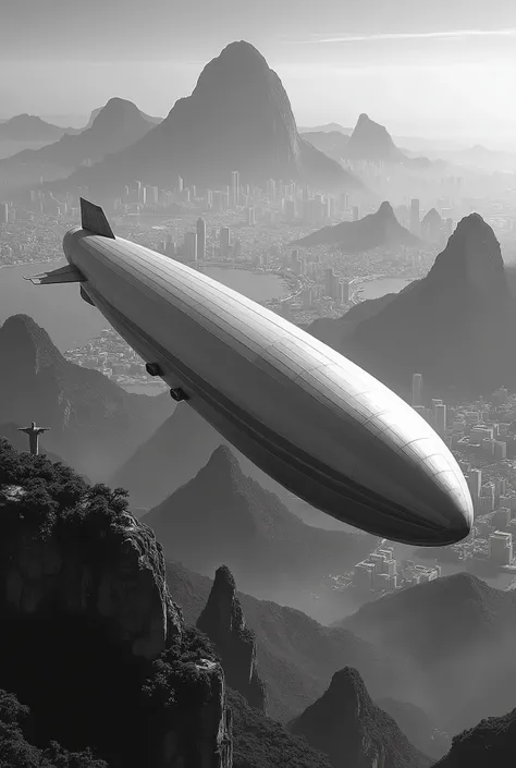 If based on real photographs ,  reproducing exactly the objects photographed ,  make me a vertical illustration with quality and photographic realism in black and white,  of D- LZ 127 Graf Zeppelin flying over Rio de Janeiro in the 1930s 