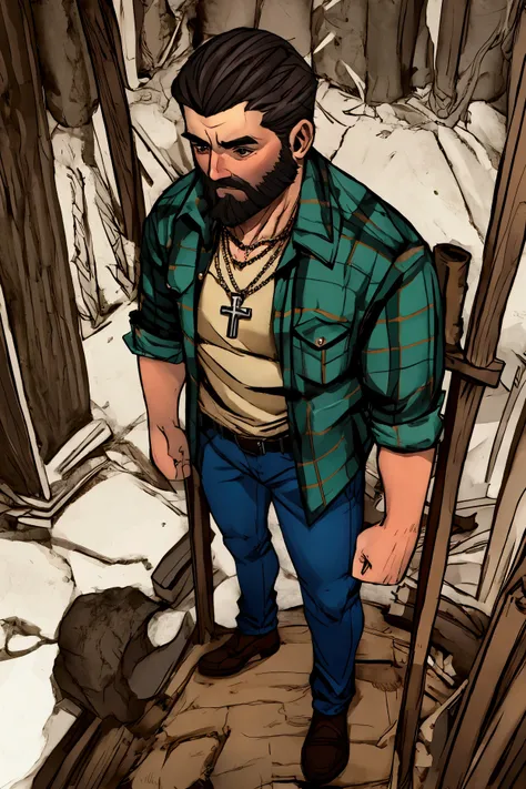 Lumberjack with jeans and a cross necklace