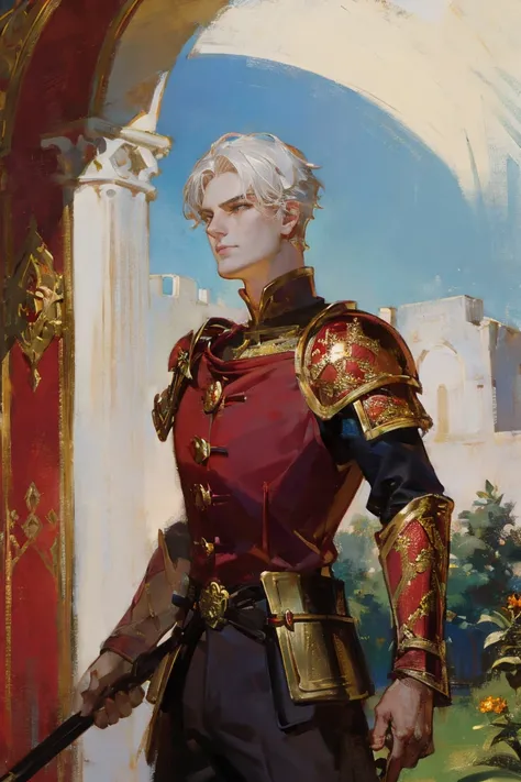 Fantasy, Prince Targaryen , feature film, garden, boy, with white hair,  his face looks like Henry Cavill ,  in red and black armor embroidered with gold threads of rubies and diamonds with his eyes open, HD