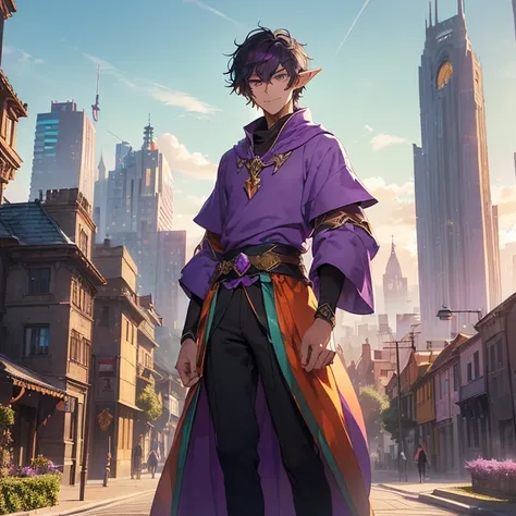 Masterpiece, HD, high quality, best quality, high resolution. Epic high fantasy genre, fantasy artwork. 
{{(A 700-years-old male elf citizen:(ligh-purple skin. Very dark-purple short messy hair. Beautiful orange colored eyes. Pointy ears. Handsome smile. S...