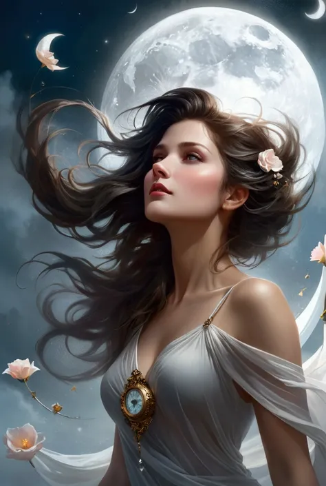 A breathtaking surreal masterpiece in the photo art style of Artgerm and Aleksi Briclot captures an exquisite 30-year-old woman, viewed from the side, rising from fog, her hair tousled by the invigorating wind, with an ethereal crescent moon hanging in the...