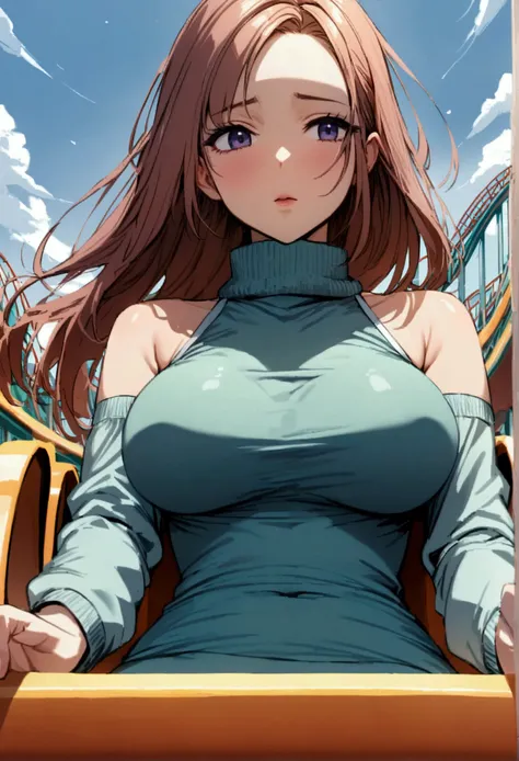 beautiful busty women in winter turtle neck tops riding a roller coaster, winter daytime, braless