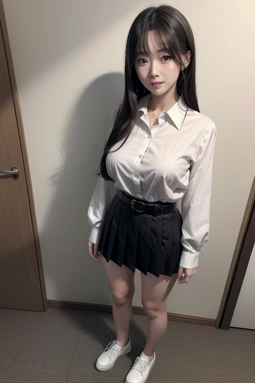 1girl, yukatachibana_jav, breasts, long hair, parted lips, teeth, standing, makeup,  wearing white blouse, collared, black skirt, belt, 
 looking at viewer, shot using canon DSLR,
detailed body, attractive body, perfect human body, realistic face,
(ultimat...