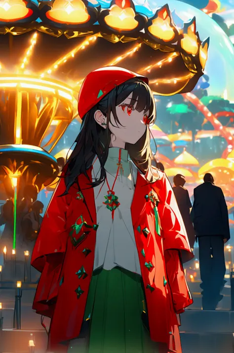 (amusement park(light up)),illumination、beautiful woman( red jacket with rice bowl、white blouse、light green skirt、boots）