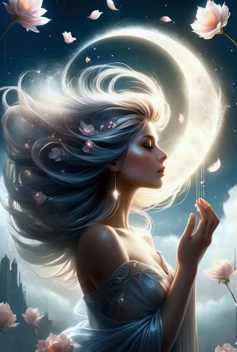 A breathtaking surreal masterpiece in the photo art style of Artgerm and Aleksi Briclot captures an exquisite 30-year-old woman, viewed from the side, rising from fog, her hair tousled by the invigorating wind, with an ethereal crescent moon hanging in the...