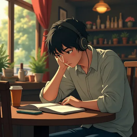 ofi man studying in a cozy café, wearing a headset and absorbed in music, Ghibli style, warm soft lighting, detailed environment, tranquil atmosphere, character design by Hayao Miyazaki, digital painting, atmospheric, vibrant colors, 4k resolution, cinemat...