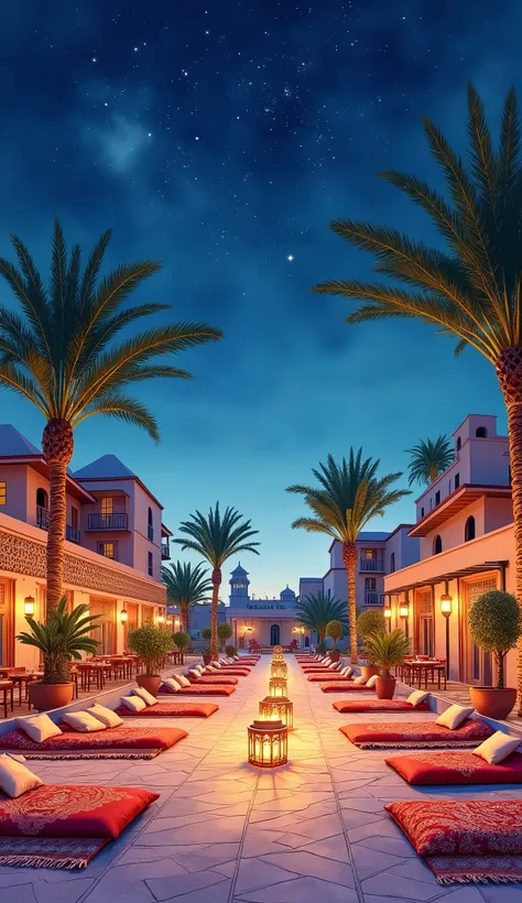 Create watercolor illustration of sangeet night decoration in Moroccan decoration theme in open space and open sky with stars and floor seating without any human 