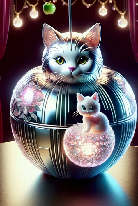 art deco illustration, 3d apple, disco-ball style shaped object with cute cat, gloss, aesthetic, fabulous, photopoetry, hyperrealism