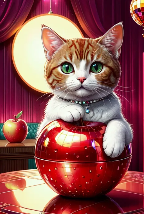 art deco illustration, 3d apple, disco-ball style shaped object with cute cat, gloss, aesthetic, fabulous, photopoetry, hyperrealism