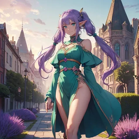 Masterpiece, HD, high quality, best quality, high resolution. Epic high fantasy genre, fantasy artwork. 
{{(A 700-years-old female adult elf citizen:(violet skin. Purple long messy hair tied in twintails. Beautiful aqua-green eyes. Pointy ears. Mature beau...