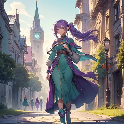 Masterpiece, HD, high quality, best quality, high resolution. Epic high fantasy genre, fantasy artwork. 
{{(A 700-years-old female adult elf citizen:(violet skin. Purple long messy hair tied in twintails. Beautiful aqua-green eyes. Pointy ears. Mature beau...