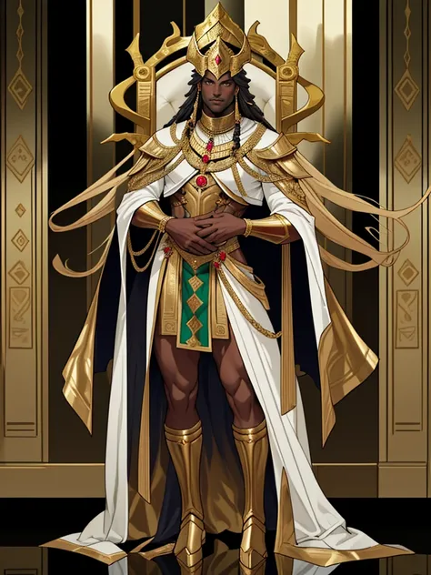 dark skinned man, imposing and majestic, dressed in sumptuous robes adorned with gold  ,   reflecting the wealth and power of the Mali Empire. Full body, Anatomicamente correto, 