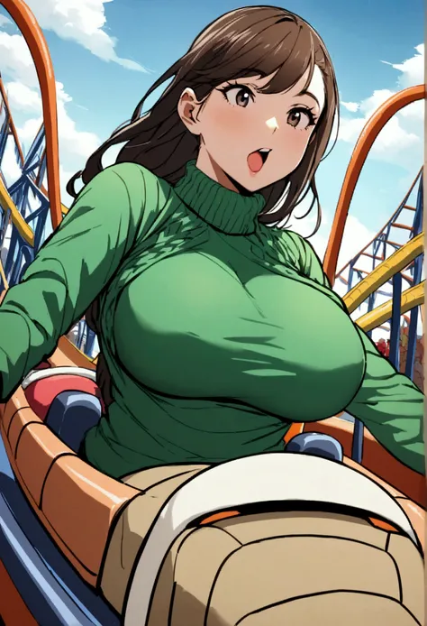 beautiful busty women in winter turtle neck knit tops riding a roller coaster, winter daytime, braless