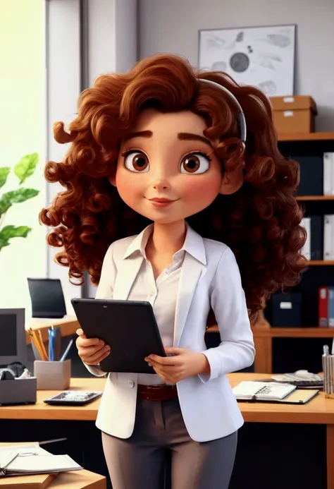 Woman with tablet in hand with office clothes with very curly hair voluminous beautiful white woman tidy 