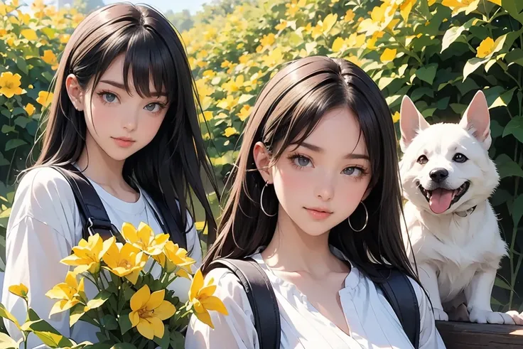 Tip: A very attractive girl with a backpack and a cute puppy、 enjoying a lovely spring outing surrounded by beautiful yellow flowers and nature。. The illustrations are high quality illustrations in 4K resolution ,  featuring detailed facial expressions and...