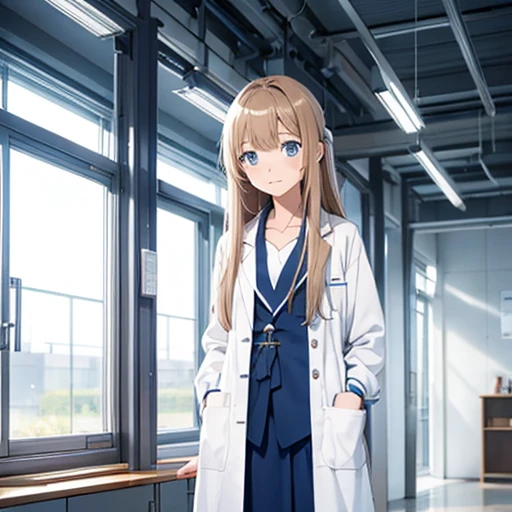  6th grade girl with thin chestnut hair, blue eyes, Long , anime, lab coat, Standing