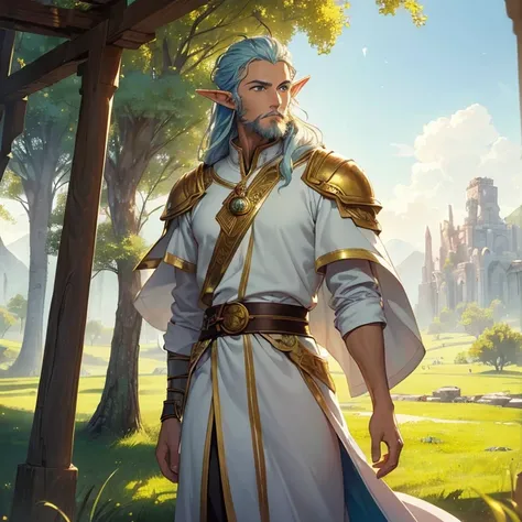 Masterpiece, HD, high resolution, high quality, best quality. Epic high fantasy genre, fantasy artwork.
{{(An ancient Elf noble of 11.000-years-old mature adult:(handsome face. Handsome male matured features. beautiful light-blue eyes. Short golden beard. ...