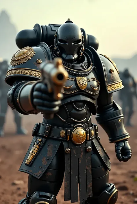 ((best quality, masterpiece, score_9, score_8_up, realistic, photograph, life-like)), ((Warhammer Chaos space marine master sergeant, victorious, scorched and battle damaged black chrome, gold filigree, twin-barrel bolt pistol pointed at viewer)), outdoors...