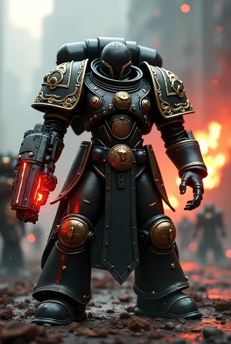 ((best quality, masterpiece, score_9, score_8_up, realistic, photograph, life-like)), ((Warhammer Chaos space marine master sergeant, victorious, scorched and battle damaged black chrome, gold filigree, one hand enclosed in a massive mechanical fist glowin...