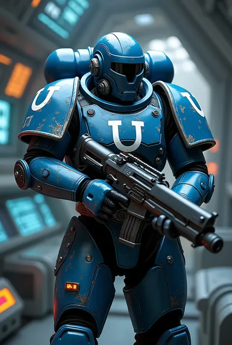 ((best quality, masterpiece, score_9, score_8_up, realistic, photograph, life-like)), male in armor that looks like a Space Marine Warhammer blue armor with a white "U" on the pauldron, wielding a bolt pistol, background inside a futuristic spaceship contr...